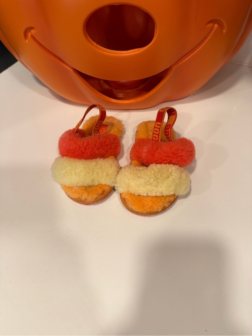 UGG Kids Orange and Cream Shearling Slide Sandals
